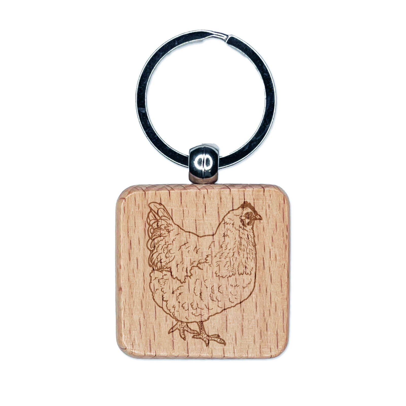 Plump Strutting Hen Chicken Engraved Wood Square Keychain Tag Charm