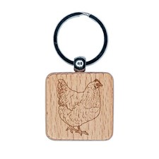 Plump Strutting Hen Chicken Engraved Wood Square Keychain Tag Charm