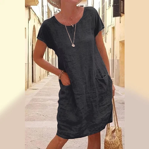 Sommer Damen Baumwolle Leinen Midikleid Damen lässig locker Pullover Tasche Kleid - Bild 10 von 17