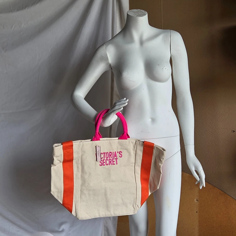VICTORIA'S SECRET PINK LARGE BEIGE & ORANGE CANVAS BEACH TRAVEL TOTE BAG NWT - Image 3 of 3