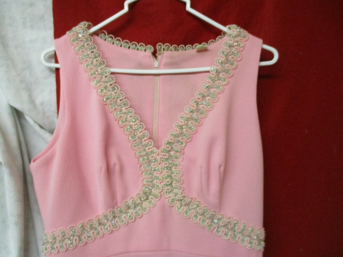 1960's pink polyester Semi-formal Woman's Dress w/ silver pink Braiding Sz  11/12 | eBay