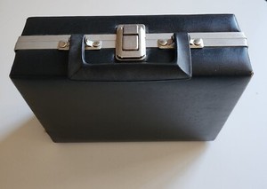 VINTAGE CASSETTE HOLDER - SUITCASE W CASSETTES BLACK 16 TAPE SLOTS
