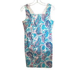 Talbots Fresco Dress Womens Size 4 Petite Turquoise Pink Sheath Career 4P