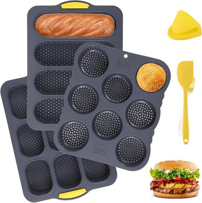 Set of 6 Hamburger Bun Pans for Baking, 4/8/9-Cup Hamburger Bun Mold, Silicone F