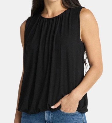 Womens Black Sleeveless Round Neck Pleated Blouse Regular Fit Solid Pattern