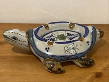 Vintage Tonala Mexican Pottery Art Sea Turtle Ashtray Signed Erandi 8” Long