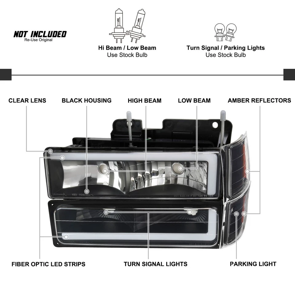 Fits 1994-1998 Chevy C10 C/K 1500 Tahoe LED Tube Black Headlights+Corner+Bumper - Image 3 of 4