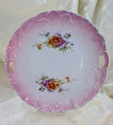 Antique Late 1800s Pink Embossed Serving Platter Floral Cutout Handles Tray WOW