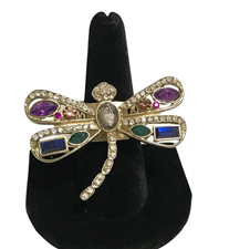 Vintage Dragonfly Pave Rhinestone Stretch Ring Gold Tone 1970  s Green Purple