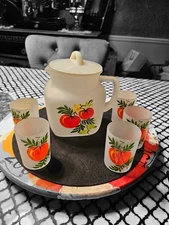 Vintage federal square star  Frosted Pitcher With Small tomato glasses 