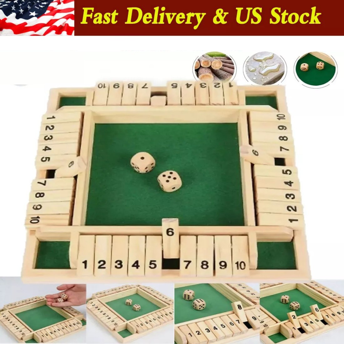NEW 4-Player Shut The Box Dice Game Wooden Family Party Porch Pub Bar Board Game
