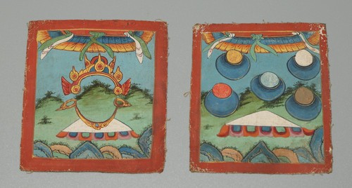 Pair Tibet 1800s Antique Tsaklis Thangka Five-Buddha Crown/Five offering bowls