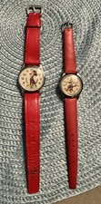 Vintage Disney Watches Mickey  Minnie, Red Faux Leather Bands, Missing Winders