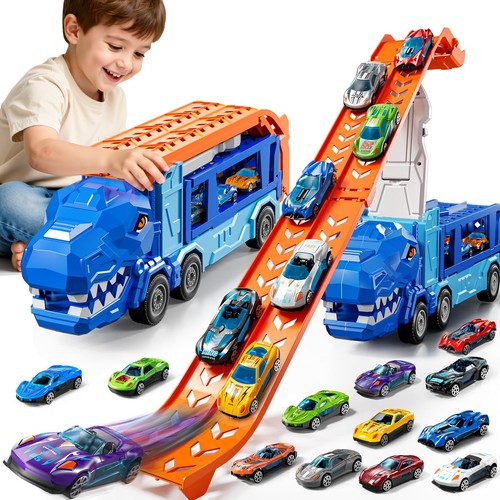Race Track Truck Toys for 3 4 5 6 7 8 Years Old Boys, Carrier Vehicle Playset...
