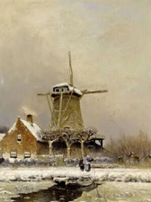 Oil painting louis apol - figures by a windmill in a snow covered landscape art