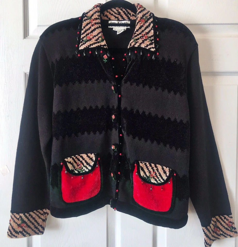 Cardigã suéter vintage Jack B bordado com miçangas rápidas chenille arte para usar GG - Imagem 2 de 4