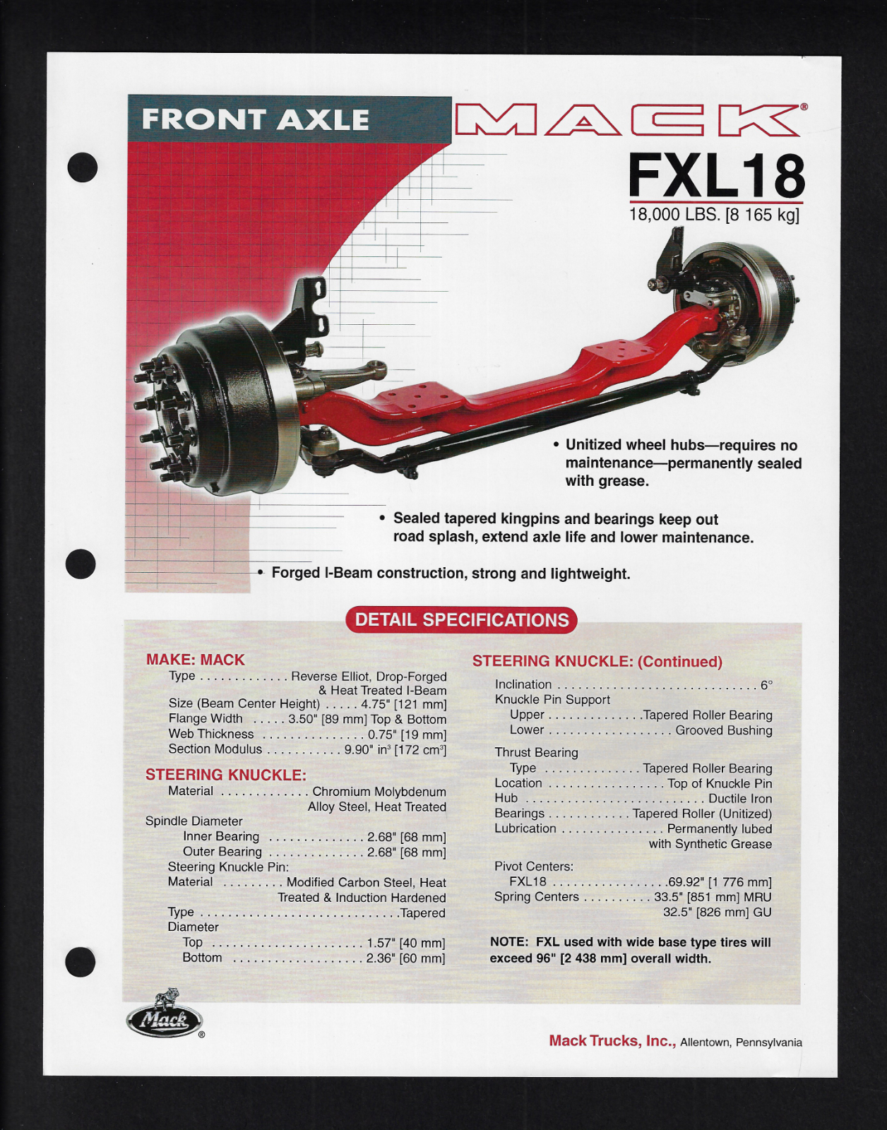 MACK TRUCKS FRONT AXLE FXL18 SPECIFICATIONS BROCHURE 2006