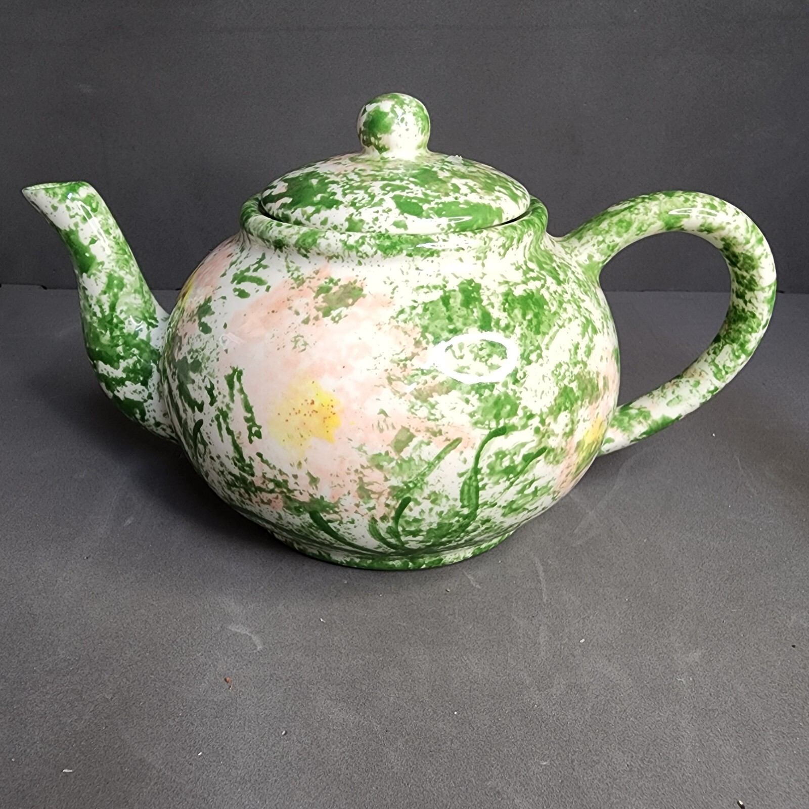 Pot Green Pink Splatter Abstract Floral Design Signed