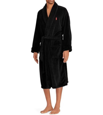 NWT Polo Ralph Lauren SOLID BLACK PLUSH MICROFLEECE Robe Men L/XL RED PONY SOFT