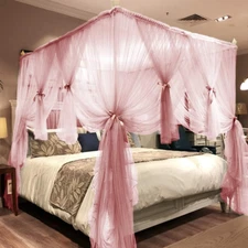 Joyreap 4 Corners Post Pink Canopy Bed Curtain for Girls & Adults -Full/Queen Si