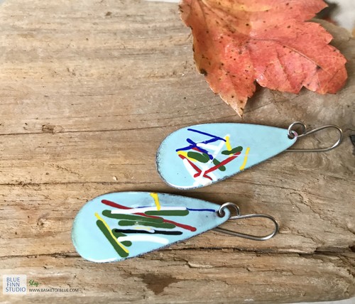 Blue Enamel Long Oval Enameled Earrings Copper Enamel Artisan Handmade Teardrop - Picture 2 of 5