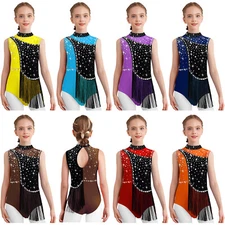 Kids Girls Leotard Skating Dancewear Sleeveless Dress Lyrical Rompers Overlay