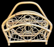 Vintage Mid-Century Modern Magazine Rack Rattan Bent Wood Bamboo Book Holder 17”