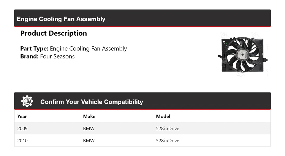 Conjunto de ventilador de refrigeración del motor BMW 528i xDrive 2009-2010 4 estaciones Foto 2 de 4