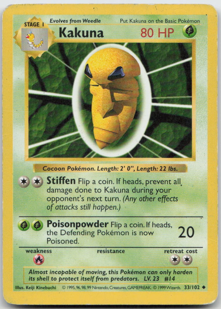 Kakuna 33/102 Uncommon Base Set Shadowless Pokemon TCG Unlimited HP