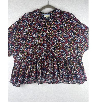 Maeve by Anthropologie Black Floral Star Print Peplum Blouse Shirt Womens Small