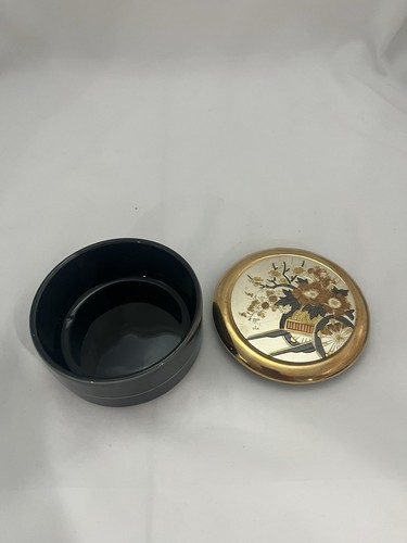 Vintage The Art Of Chokin Floral Trinket Box with Lid Edged In 24K Gold Black - Picture 2 of 10