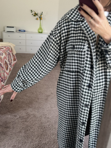 Long shirt coat Houndstooth Print Black White Green Size S Oversize - Picture 3 of 20