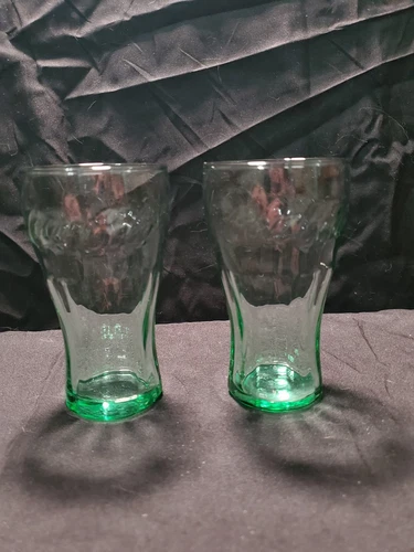 2 Vintage Classic Green Tinted Coca-cola Contoured Glasses 4.5" 4oz