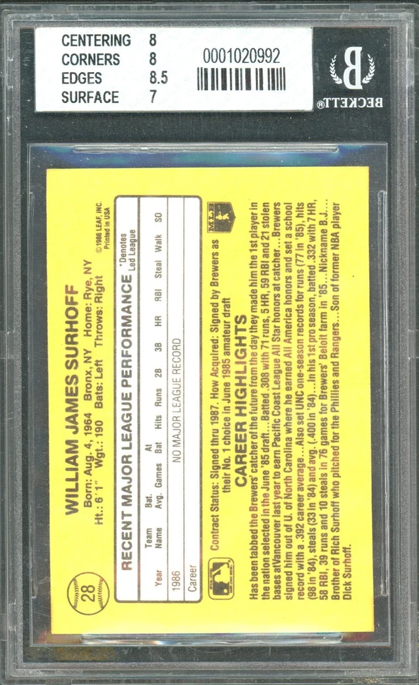 1987 Donruss B.J. Surhoff #28 Rated Rookie BGS 7.5 - Image 2 of 2