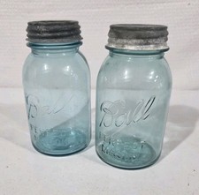 VTG Ball Perfect Mason Blue Quart Jars Lot 2 Zinc Porcelain Lid