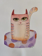 cat pretty girl illustration cartoon modern folk outsider original painting art
