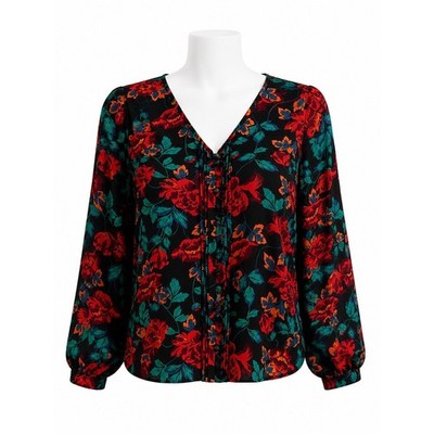 Size 2X Torrid Women's Georgette Pintuck Button-Front Blouse Black Floral