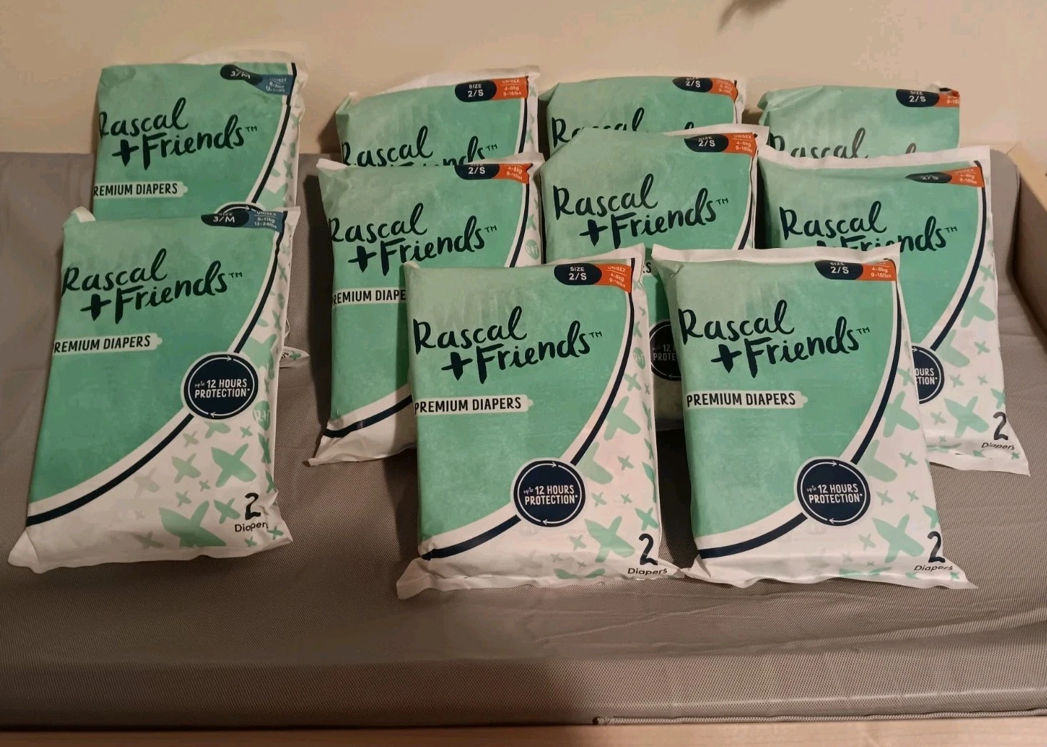 Lot of 10 Rascal + Friends Premium Diapers (8) Size 2 9-18lb (2) Size 3 13-24lb