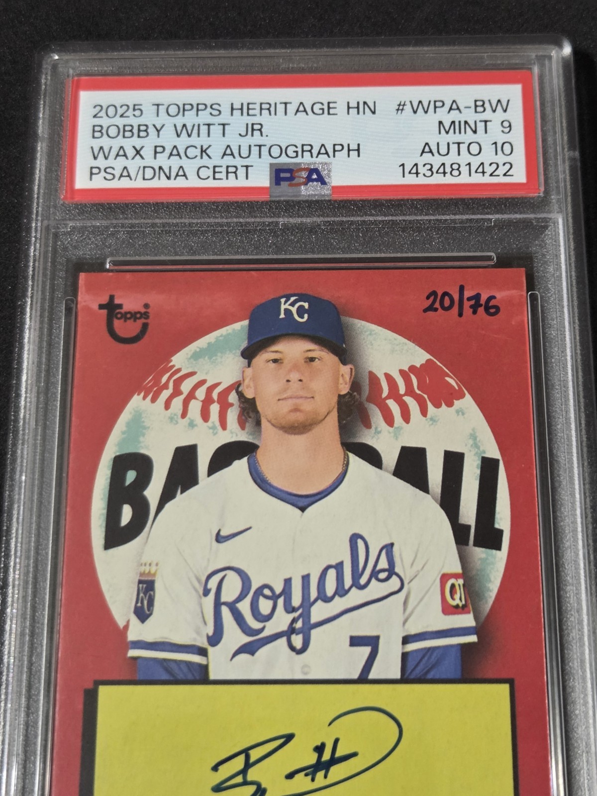 2025 Topps Heritage "WaxPack Autograph" WPA-BW Bobby Witt Jr /76 Royals PSA 9 view 3