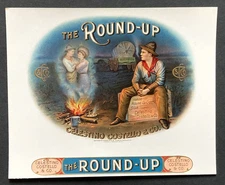 The Round Up Vintage  Cigar Box Label, Western, Cowboy, Campfire, Wagon,