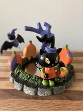 Halloween Trick-or-Treat Pillar Candle Holder Black Cat Pumpkins Spooky Tree