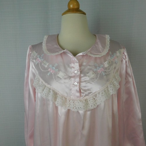 Vintage Erika Taylor Lace Trim Floral Embroidered Satin Nightgown - Medium #9672 - Picture 2 of 11