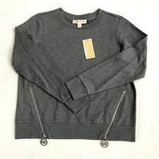 NWT Michael Kors MK Logo Crew Sweatshirt Zipper Tabs Gray Silver S M L XL