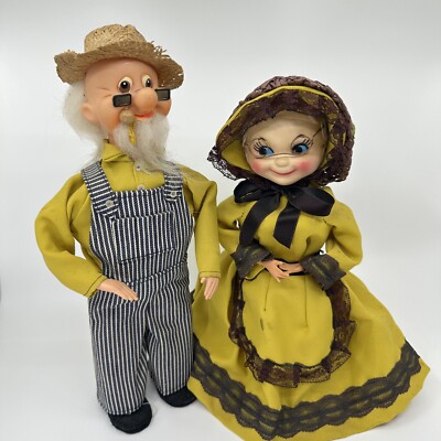Vintage Farmer Grandpa & Grandma Dolls Pair 14  Tall Folk Art Country Style