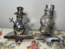 Snowman Stocking Holders silver Metal 3D Pewter Tone Heavy Lot Of 2 Christmas