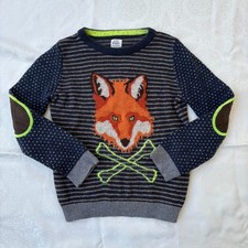 Mini Boden Kids Sweater 6-7Y Wool Blend Cotton Fox Bones Stripes Elbow Patches