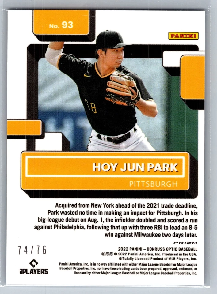2022 Panini Donruss Optic #93 Hoy Jun Park Rated Rookie Spirit of /76 Pirates - Image 2 of 2