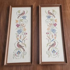 2 Vintage Cross Stitch Embroidery Birds Picture Needlework Framed Flowers Pair