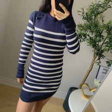 New Navy White Striped Knit Sweater Dress Button Detail Size M