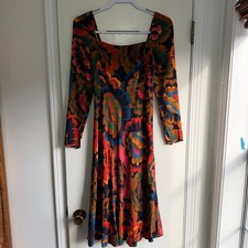 Farm Rio Plantage Rio Smocked Square Neck Long Sleeve Midi Dress XS